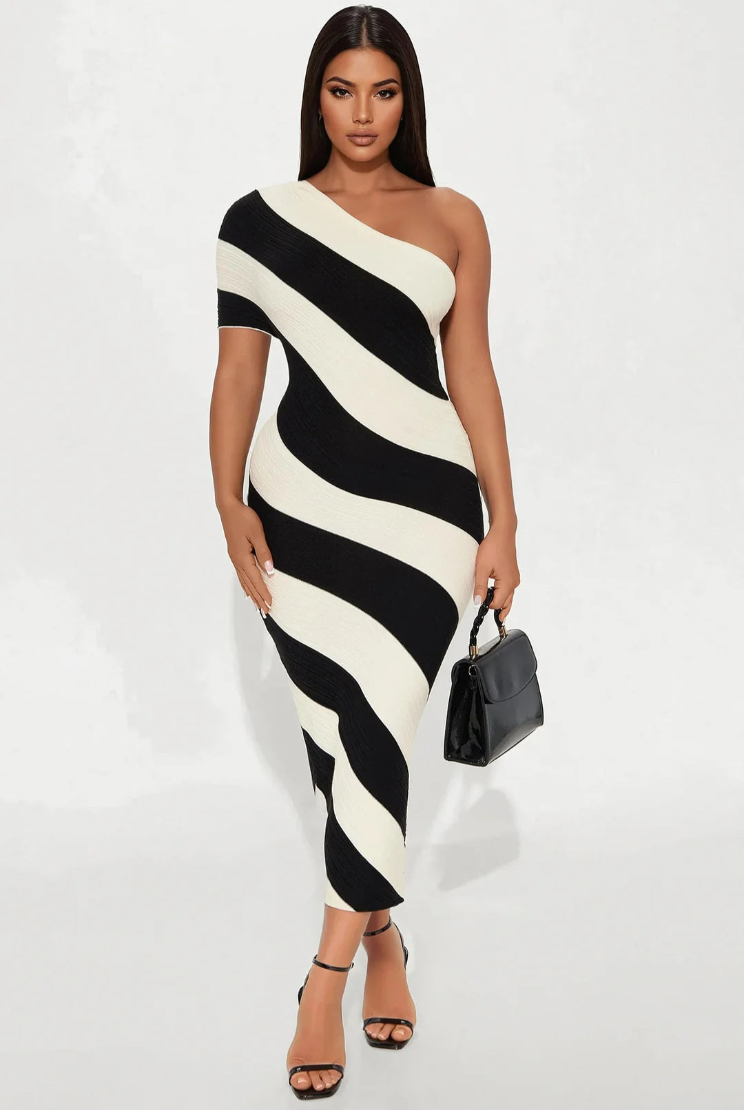Curve Command One Shoulder Striped Sweater Midi Dress - Cream/Combo