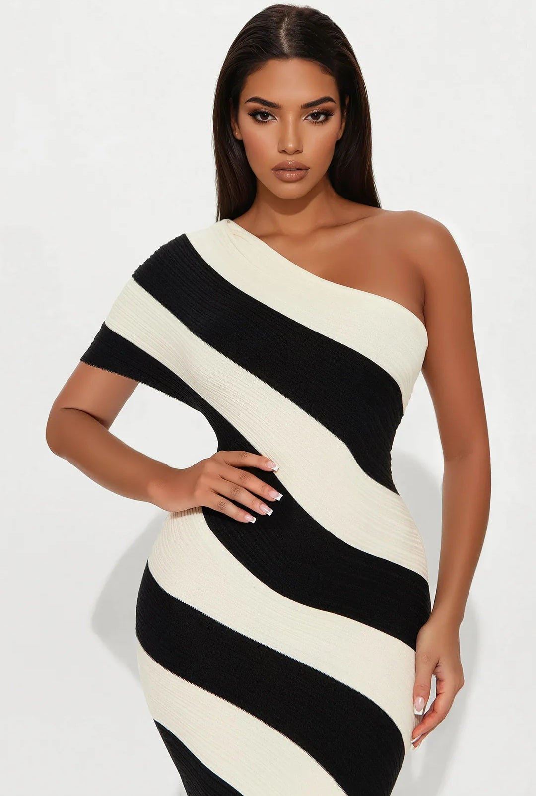Curve Command One Shoulder Striped Sweater Midi Dress - Cream/Combo